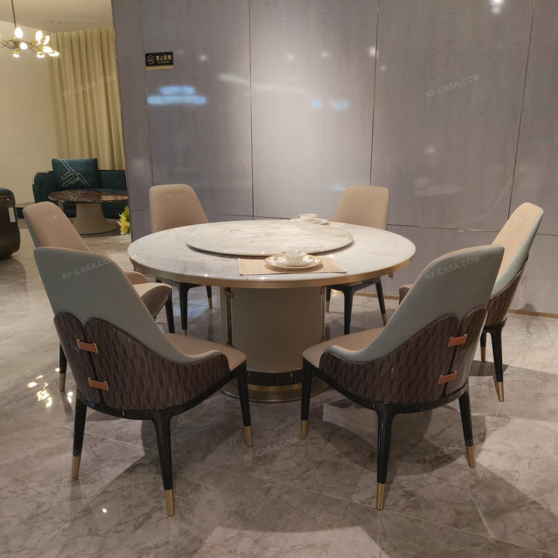 Round Marble Dining Table with Built-in Rotating Tray Woven Leather Pedestal and Metal Base